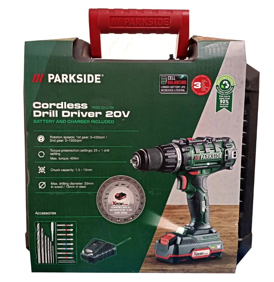 Аккумуляторная дрель-шуруповерт PARKSIDE PABS 20-Li G8. Аккумулятор + набор.